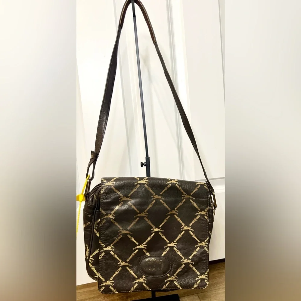 Longchamp Shoulder Bag Leather Dark Brown Horse Pattern
